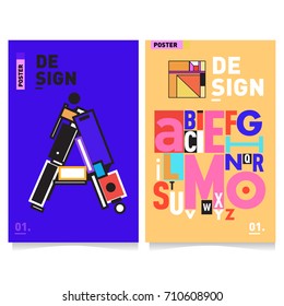 Vector covers design set with retro style. Cool geometric memphis style poster template with alphabets typography. Summer and autumn design template.
