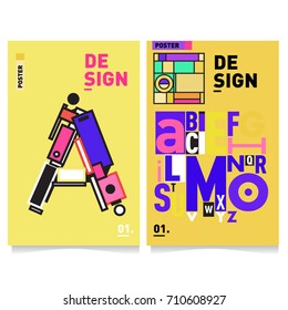 Vector covers design set with retro style. Cool geometric memphis style poster template with alphabets typography. Summer and autumn design template.