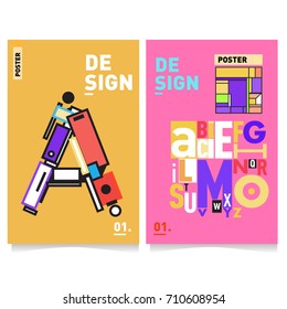 Vector covers design set with retro style. Cool geometric memphis style poster template with alphabets typography. Summer and autumn design template.