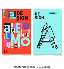 Vector covers design set with retro style. Cool geometric memphis style poster template with alphabets typography. Summer and autumn design template.