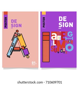 Vector covers design set with retro style. Cool geometric memphis style poster template with alphabets typography. Summer and autumn design template.