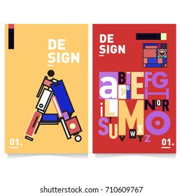Vector covers design set with retro style. Cool geometric memphis style poster template with alphabets typography. Summer and autumn design template.
