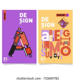 Vector covers design set with retro style. Cool geometric memphis style poster template with alphabets typography. Summer and autumn design template.