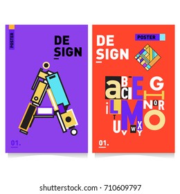 Vector covers design set with retro style. Cool geometric memphis style poster template with alphabets typography. Summer and autumn design template.