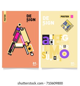 Vector covers design set with retro style. Cool geometric memphis style poster template with alphabets typography. Summer and autumn design template.