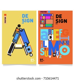 Vector covers design set with retro style. Cool geometric memphis style poster template with alphabets typography. Summer and autumn design template.