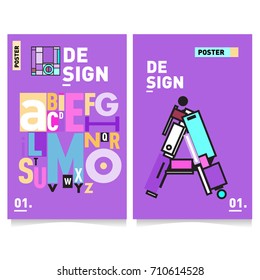 Vector covers design set with retro style. Cool geometric memphis style poster template with alphabets typography. Summer and autumn design template.