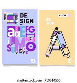 Vector covers design set with retro style. Cool geometric memphis style poster template with alphabets typography. Summer and autumn design template.