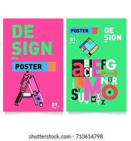 Vector covers design set with retro style. Cool geometric memphis style poster template with alphabets typography. Summer and autumn design template.