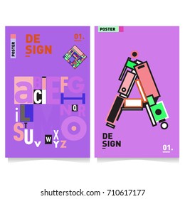 Vector covers design set with retro style. Cool geometric memphis style poster template with alphabets typography. Summer and autumn design template.