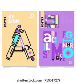 Vector covers design set with retro style. Cool geometric memphis style poster template with alphabets typography. Summer and autumn design template.