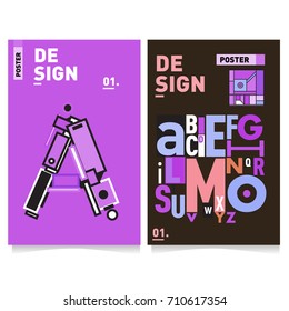 Vector covers design set with retro style. Cool geometric memphis style poster template with alphabets typography. Summer and autumn design template.