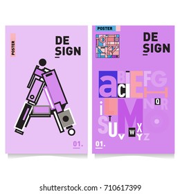 Vector covers design set with retro style. Cool geometric memphis style poster template with alphabets typography. Summer and autumn design template.
