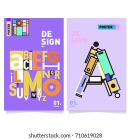 Vector covers design set with retro style. Cool geometric memphis style poster template with alphabets typography. Summer and autumn design template.