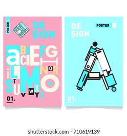 Vector covers design set with retro style. Cool geometric memphis style poster template with alphabets typography. Summer and autumn design template.