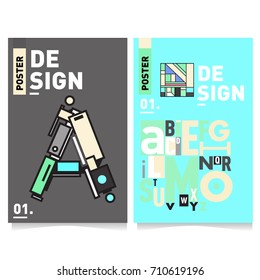 Vector covers design set with retro style. Cool geometric memphis style poster template with alphabets typography. Summer and autumn design template.