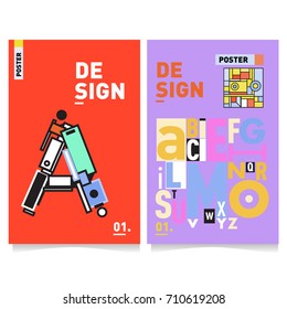 Vector covers design set with retro style. Cool geometric memphis style poster template with alphabets typography. Summer and autumn design template.