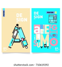 Vector covers design set with retro style. Cool geometric memphis style poster template with alphabets typography. Summer and autumn design template.