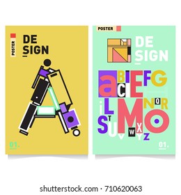 Vector covers design set with retro style. Cool geometric memphis style poster template with alphabets typography. Summer and autumn design template.