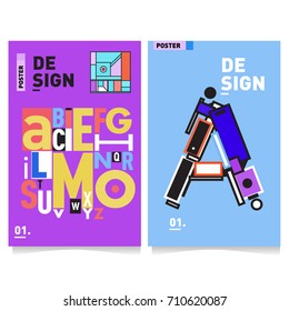 Vector covers design set with retro style. Cool geometric memphis style poster template with alphabets typography. Summer and autumn design template.