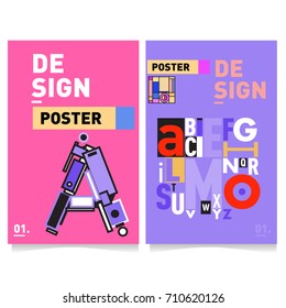 Vector covers design set with retro style. Cool geometric memphis style poster template with alphabets typography. Summer and autumn design template.