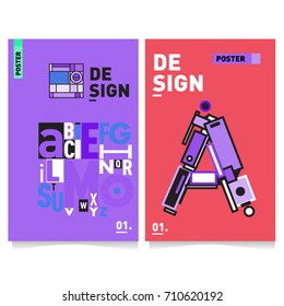 Vector covers design set with retro style. Cool geometric memphis style poster template with alphabets typography. Summer and autumn design template.
