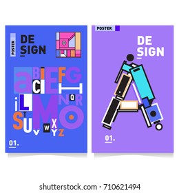 Vector covers design set with retro style. Cool geometric memphis style poster template with alphabets typography. Summer and autumn design template.