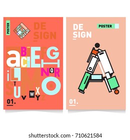 Vector covers design set with retro style. Cool geometric memphis style poster template with alphabets typography. Summer and autumn design template.