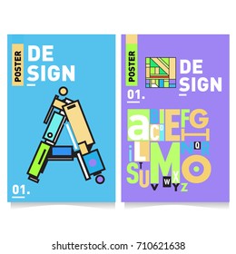 Vector covers design set with retro style. Cool geometric memphis style poster template with alphabets typography. Summer and autumn design template.