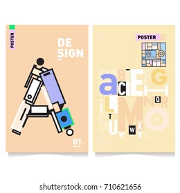 Vector covers design set with retro style. Cool geometric memphis style poster template with alphabets typography. Summer and autumn design template.