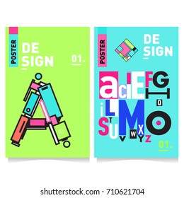 Vector covers design set with retro style. Cool geometric memphis style poster template with alphabets typography. Summer and autumn design template.