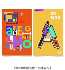 Vector covers design set with retro style. Cool geometric memphis style poster template with alphabets typography. Summer and autumn design template.