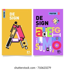 Vector covers design set with retro style. Cool geometric memphis style poster template with alphabets typography. Summer and autumn design template.