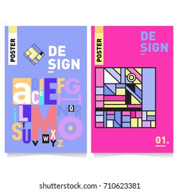 Vector covers design set with retro style. Cool geometric memphis style poster template with alphabets typography. Summer and autumn design template.