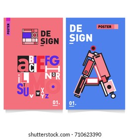 Vector covers design set with retro style. Cool geometric memphis style poster template with alphabets typography. Summer and autumn design template.