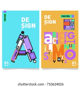 Vector covers design set with retro style. Cool geometric memphis style poster template with alphabets typography. Summer and autumn design template.