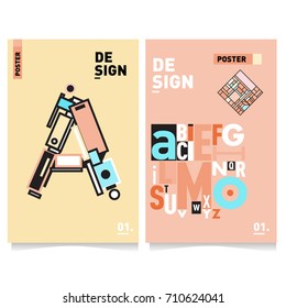 Vector covers design set with retro style. Cool geometric memphis style poster template with alphabets typography. Summer and autumn design template.