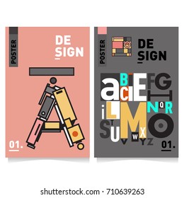 Vector covers design set with retro style. Cool geometric memphis style poster template with alphabets typography. Summer and autumn design template.