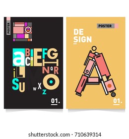 Vector covers design set with retro style. Cool geometric memphis style poster template with alphabets typography. Summer and autumn design template.