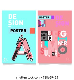 Vector covers design set with retro style. Cool geometric memphis style poster template with alphabets typography. Summer and autumn design template.