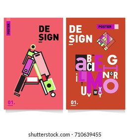 Vector covers design set with retro style. Cool geometric memphis style poster template with alphabets typography. Summer and autumn design template.