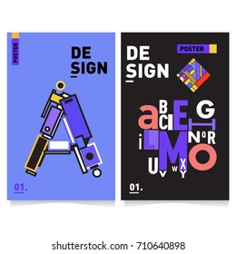 Vector covers design set with retro style. Cool geometric memphis style poster template with alphabets typography. Summer and autumn design template.