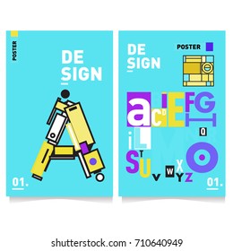 Vector covers design set with retro style. Cool geometric memphis style poster template with alphabets typography. Summer and autumn design template.