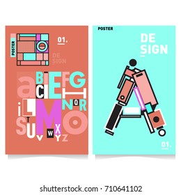 Vector covers design set with retro style. Cool geometric memphis style poster template with alphabets typography. Summer and autumn design template.
