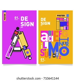 Vector covers design set with retro style. Cool geometric memphis style poster template with alphabets typography. Summer and autumn design template.