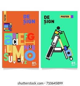 Vector covers design set with retro style. Cool geometric memphis style poster template with alphabets typography. Summer and autumn design template.