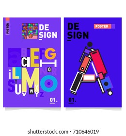 Vector covers design set with retro style. Cool geometric memphis style poster template with alphabets typography. Summer and autumn design template.