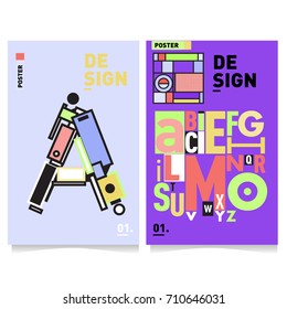 Vector covers design set with retro style. Cool geometric memphis style poster template with alphabets typography. Summer and autumn design template.