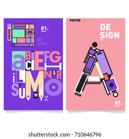 Vector covers design set with retro style. Cool geometric memphis style poster template with alphabets typography. Summer and autumn design template.