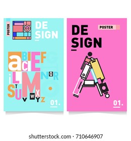 Vector covers design set with retro style. Cool geometric memphis style poster template with alphabets typography. Summer and autumn design template.